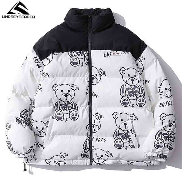 

men's women winter warm jacket thick coat patchwork cartoon bear heated padded puffer oversized parka clothing 210907, Black