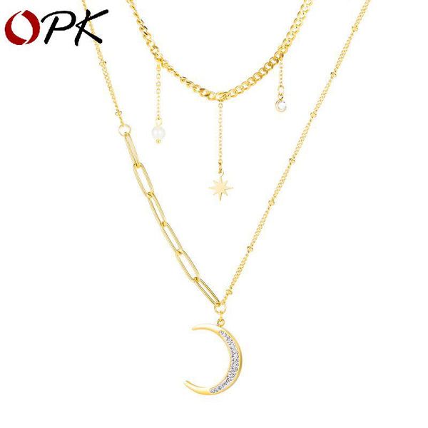 

titanium metal moon tassel pendant double link chain jewelry retro personality women necklaces 1697, Silver