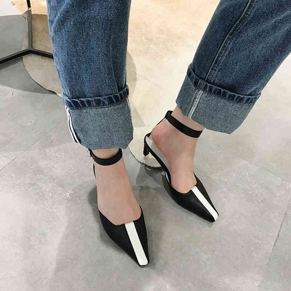 

sandals fashion women small square toe thick mid heels mixed color ankle strap elegant dress party shoes woman zmap, Black