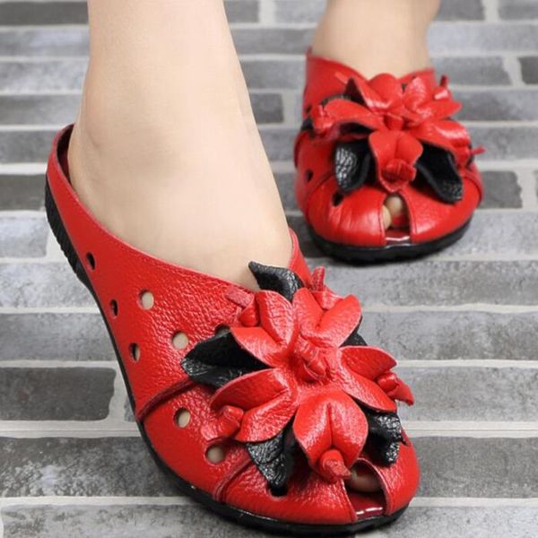 

slippers summer national style genuine leather ladies shoes round head slip on women retro flowers hollow zapatillas mujer zy647, Black
