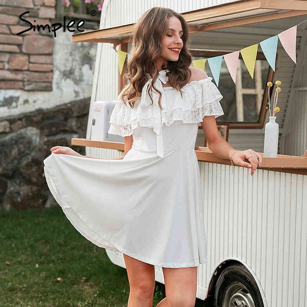 

elegant cotton lace women long lantern sleeve ruffle a-line white short dress hollow out party summer dresses 210414, Black;gray