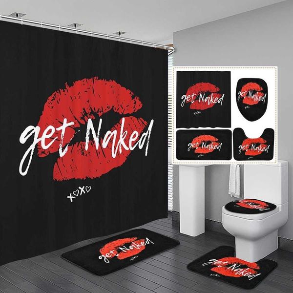 

shower curtains red lips bathroom curtain set bath mat sets with hooks black non-slip pedestal rug toilet cover 180x180cm