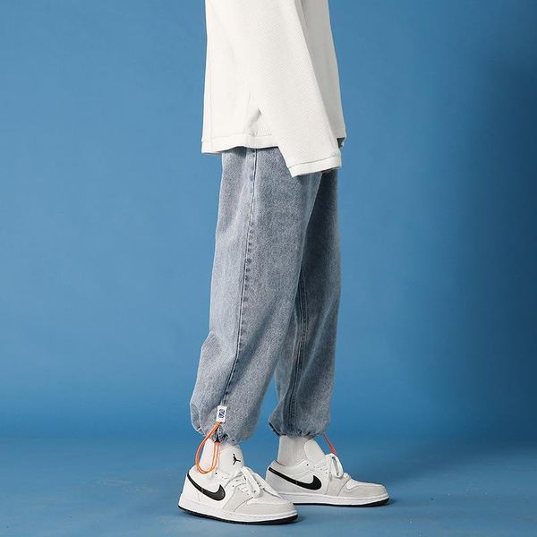 

men's jeans drawstring hong kong style loose thin pants trendy daddy cropped, Blue