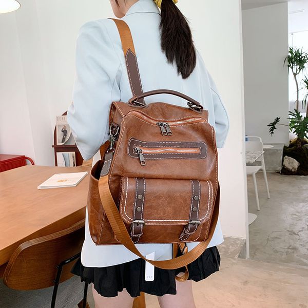

large capacity backpack 2021 new retro easy matching soft leather textured multi-functional three-purpose backpack student schoolbag fashion