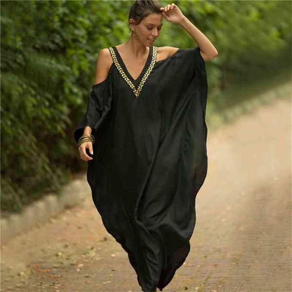 Элегантный черный Kaftan Beach Tunic Cover Up Side de Praia Купальник Женщины Бикини Обложка Pareo Sarong Носите Q943 210420