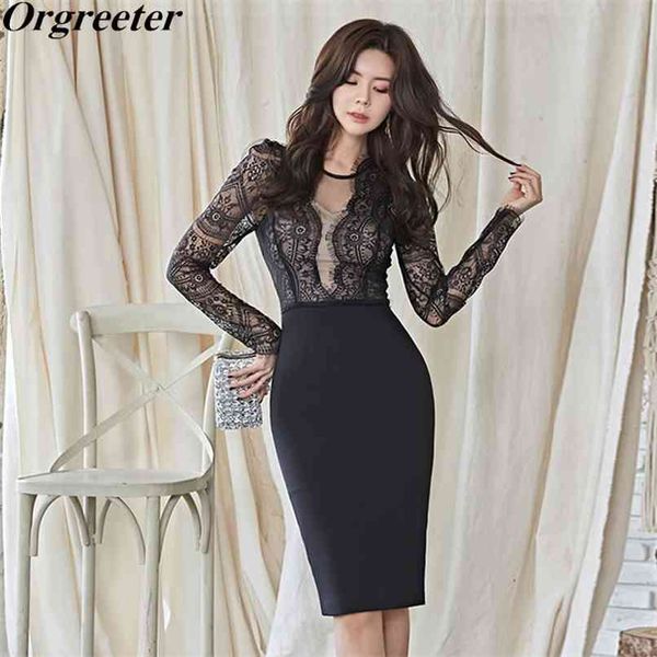 

see through lace patchwork pencil dress women spring fall sheath bodycon knee-length tunic vestidos 210602, Black;gray