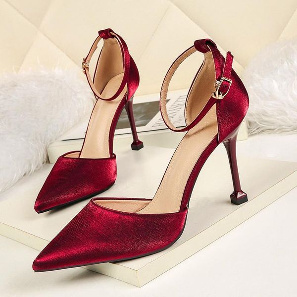 

concise wine red silk stilettos sandals women party summer ankle buckle pointed toe 9cm high heels women's shoes office, Black