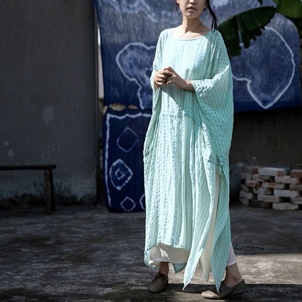 

johnature women vintage bat sleeve dresses cotton robes belt summer loose o-neck plus size women clothing soft dresses 210521, Black;gray