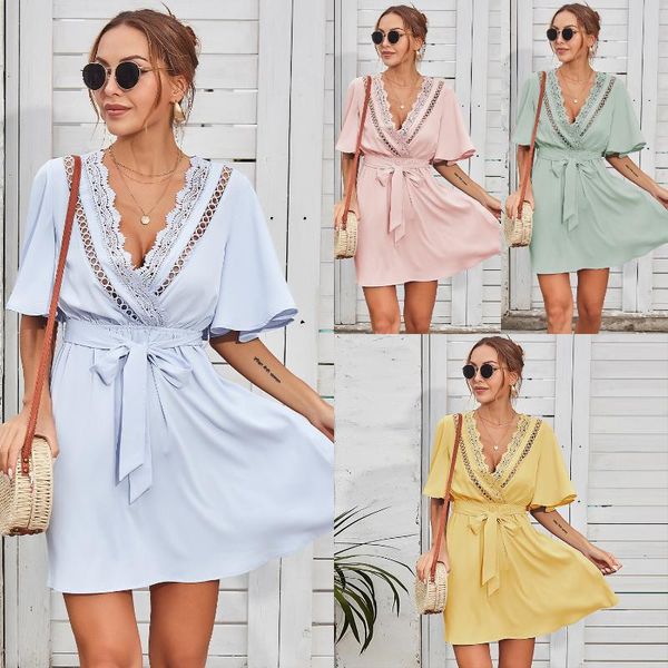 

casual dresses lady elegant fashion solid v-neck dress summer women's 2021 office, Black;gray