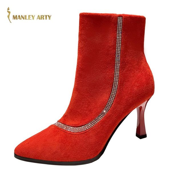 

boots winter pointed high heels woman casual banquet suede stiletto rhinestone temperament was thin women 2021, Black