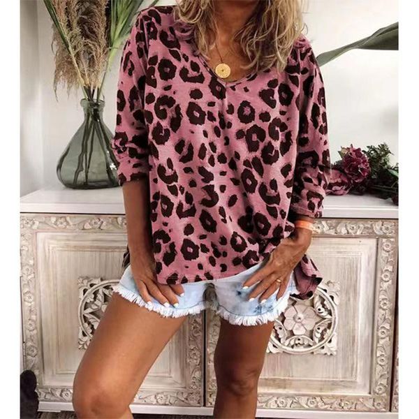 

women's t-shirt long sleeves women tee shirt spring autumn fashion leopard print v-neck casual loose pullover, White