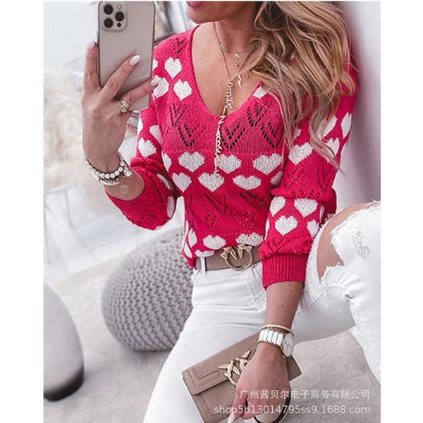 

women's sweaters mandylandy elegant autumn knitted pullover sweater fashion heart print hollow out long sleeve v neck knitwear, White;black