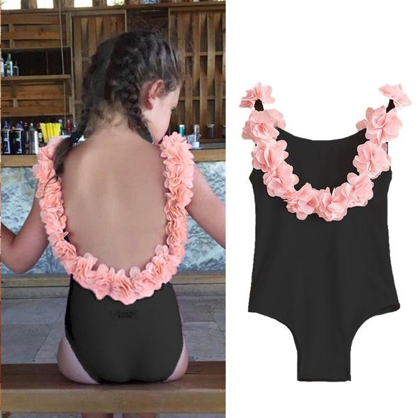 

one-pieces one piece baby girls swimsuit floral ruffle strap bathing suit backless swimwear toddler kids swimming children beachwear 1-5yrs, Black