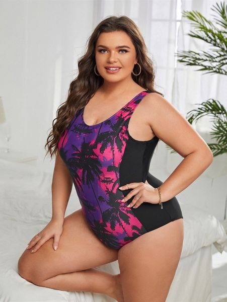 

plus tropical print one piece swimsuit c1hs#, Black