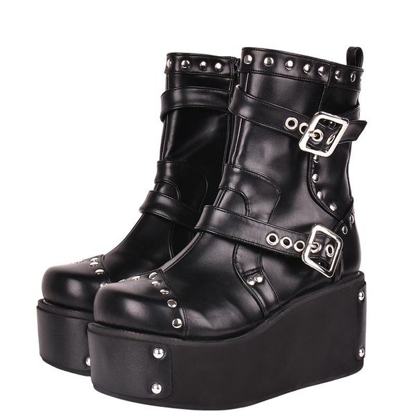 

fashion punk rivet gothic thick platform boots women winter muffin high heel ankle zipper lolita cosplay shoes custom made, Black
