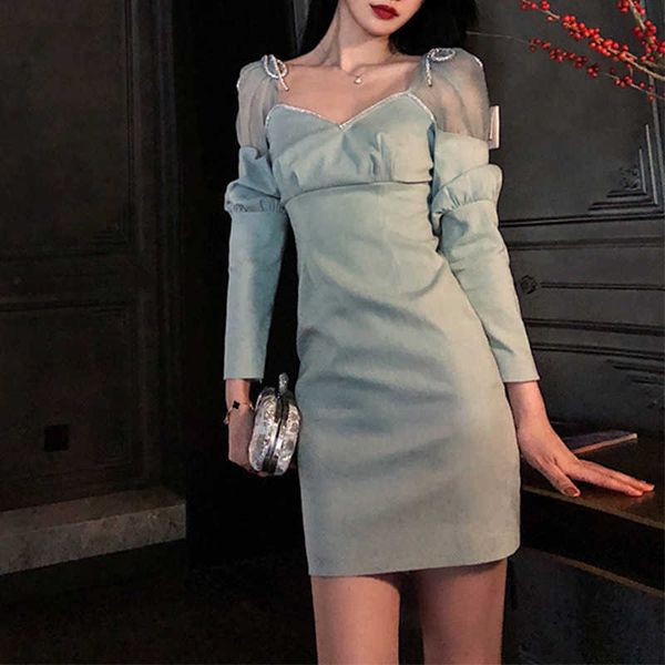 

luxury evening dress 2021 autumn high-end luxury temperament light blue long sleeve bow and diamond annual meeting small style, Black;gray