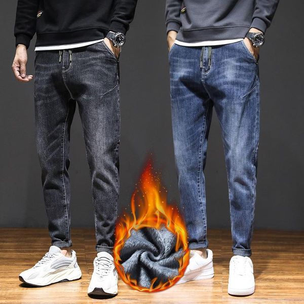 

men's jeans loose men male trousers cozy casual straight denim pants plus size velvet warm 785, Blue