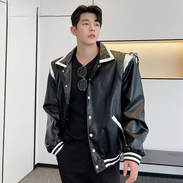 

men's fur fashion color block spliced pu leather jacket loose lapel single breast streetwear chic loose short coat new, Black