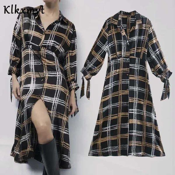 

klkxmyt za dress women england style fashion check print vintage midi dresses female vestidos de fiesta noche vestido 210527, Black;gray