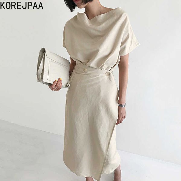 Korejpaa Frauen Kleid Sommer Französisch Elegante Pile Kragen Design Sinn Drei-Taste Taille Unregelmäßige Kurzarm Wrap Vestido 210526