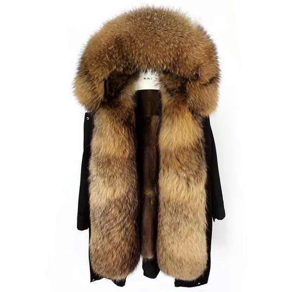 

women's fur & faux women luxury long natural raccoon collar mink lining coat 2021 detachable hooded parka jacket, Black