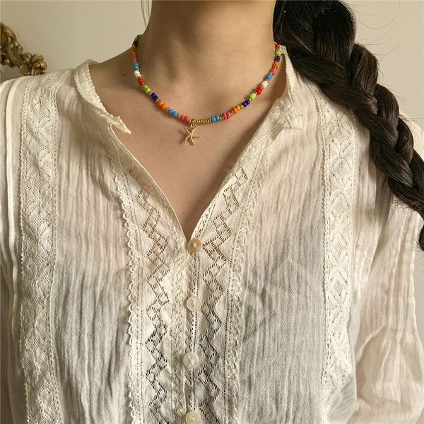 

chokers y2k korean fashion women trinket geometric alloy starfish pendant necklace ethnic style handmade beaded rice bead neck chain, Golden;silver