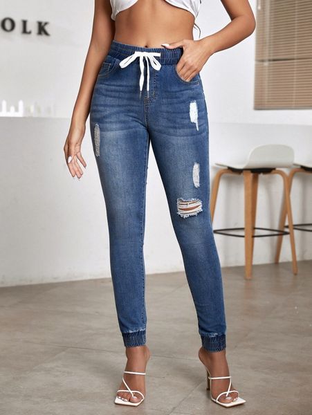 

high waisted drawstring waist ripped skinny jeans m46d#, Blue