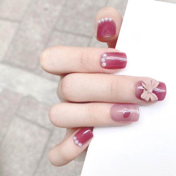 

false nails plum gradient pearl bow peach heart nail patch removable wear, Red;gold