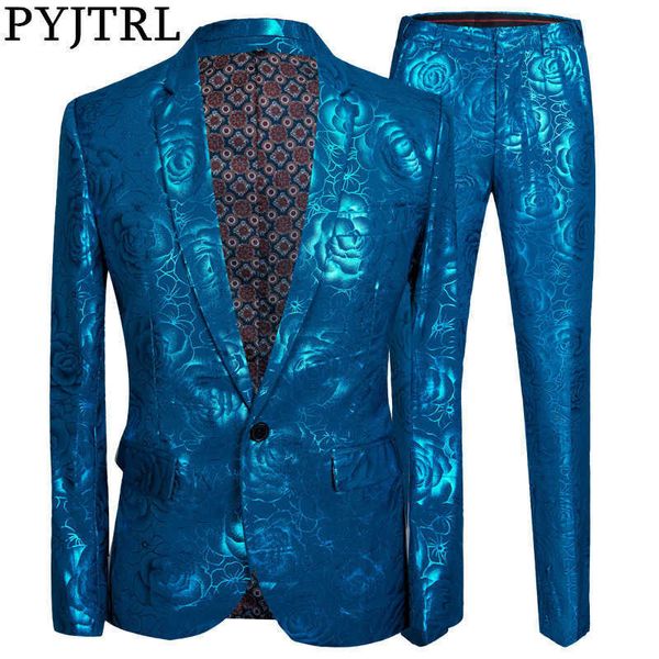 Pyjtrl Mens Stylish Shiny Blue Rose Print 2 Stücke Set neueste Mantel Hose Designs Männer Anzüge für Hochzeit Slim Fit Sänger Kleidung x0909