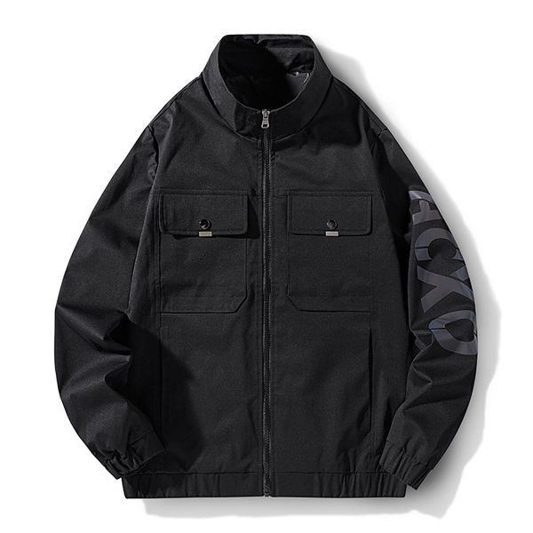 

men casual fashion jacket autumn cargo style coat men stand zipper lettrt pockets loose fit streetwear jacket outerwear men, Black;brown