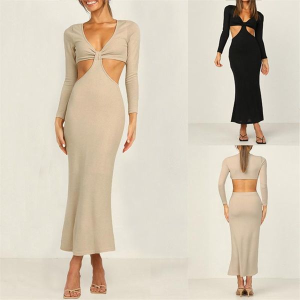 

casual dresses chronstyle hollow out bodycon women dress clubwear outfits v-neck backless ribbed knitted long sleeve 2021, Black;gray