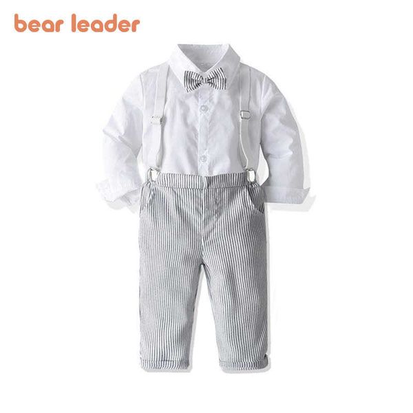

bear leader boys clothes suits autumn kids suspender clothing sets baby bow-knot suits fashion party striped outfits clothes 210708, White