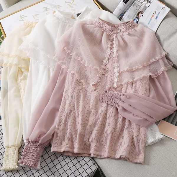 

blusas mujer de moda womens blouses ruffles lace harajuku solid turn-down collar butterfly sleeve long sleeve shirts 210601, White