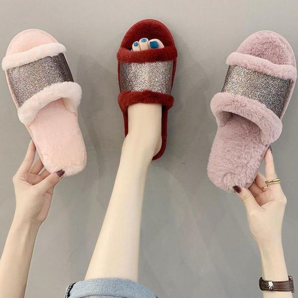 

autumn winter women house slippers faux fur fashion warm shoes woman flats bling indoor slides soft non-slip home floor, Black