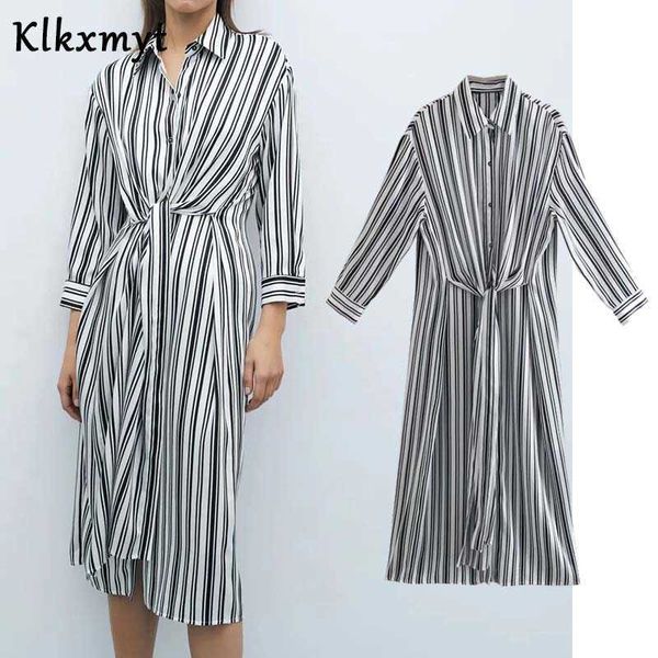 Klkxmyt Za Dress Donna Moda Nero Bianco a righe Midi Knot Button Up Manica lunga Donna casual es 210527