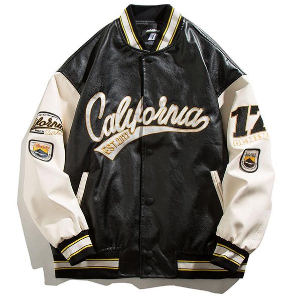 

men's jackets hip hop leather baseball jacket coat men patchwork japanese streetwear varsity college fashion retro harajuku motorcycle, Black;brown