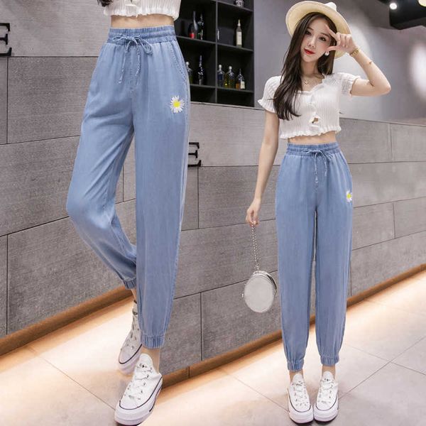 

women's pants & capris summer thin ice silk jeans joggers for women casual loose daisy embroidery high waist harem sarouel femme t, Black;white