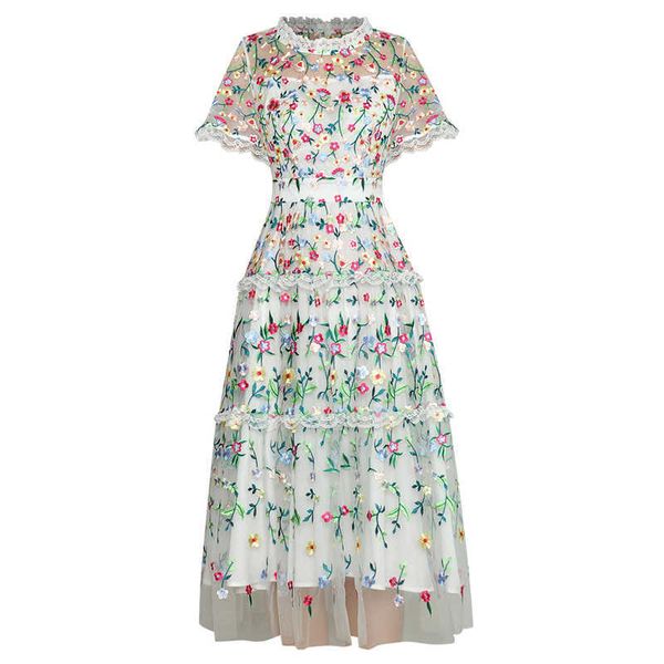 

est fashion runway dress women's short sleeve stunning embroidery gauze 210526, Black;gray