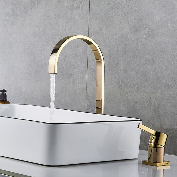 

bathroom sink faucets basin faucet super long pipe two holes brushed gold/black tap 360 rotating widespread