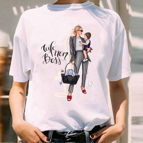 

graphic short sleeve cute women t shirt son fashion printing mom mama mother cartoon print female clothes tees, White