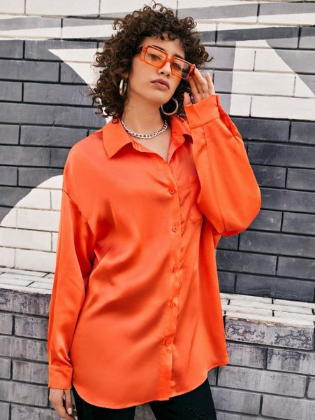 

neon orange patch pocket satin longline blouse b4v3#, White