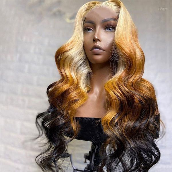 

highlight color silk base wig body wave glueless human hair wigs for women ombre blond 5x5 pu wigs1, Black;brown