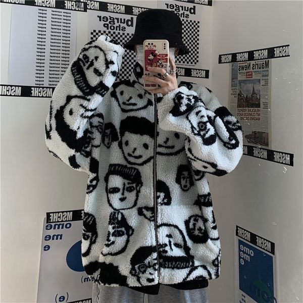 

women's hoodies & sweatshirts korean winter harajuku lazy bf style coat cute cartoons printing full sleeve jacket lambswool keep warm z, Black