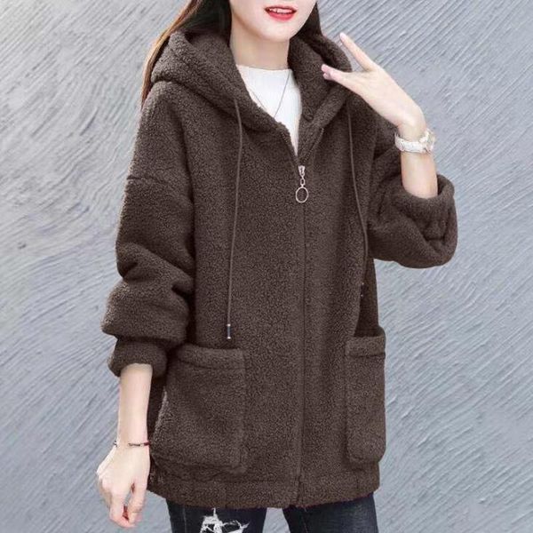 

women's fur & faux korean version loose lamb-like wool winter sweater women plus velvet thickening zipper cardigan jacket, Black