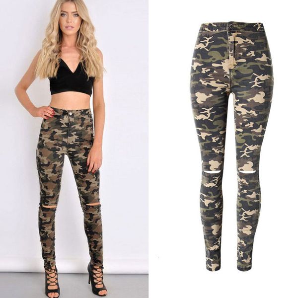 

women's jeans camouflage pants zipper ripped for high waist hole long straight pencil panst trousers a78f, Blue