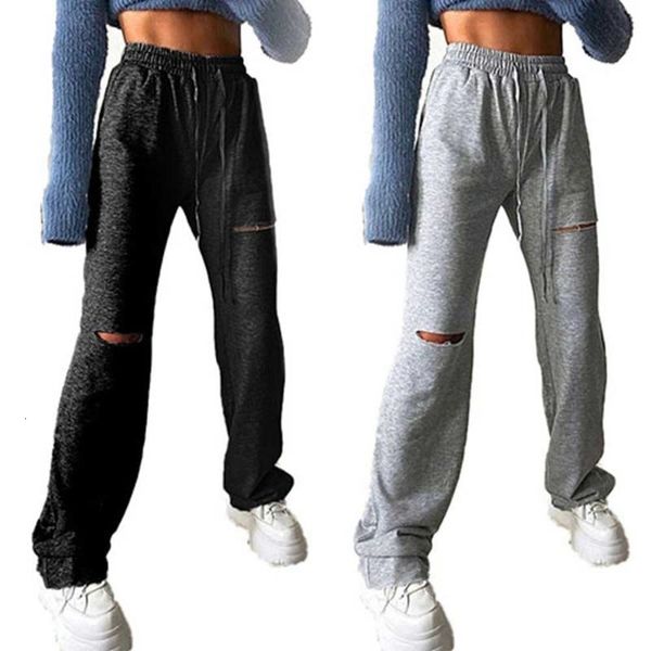 

women's & capris casual sweatpants spring women high waist drawstring waistband ripped ladies loose hole trousers long pants cbrg, Black;white