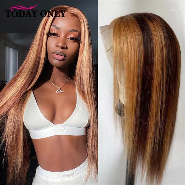 

highlight wig human hair bone straight p4/30 13x4 lace front wigs pre plucked 4x4 closure 30 inch remy 150%1, Black;brown