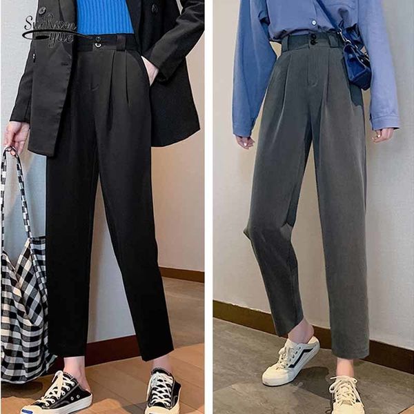 

spring autumn thin solid black trouser korean ol women suit pants button plus size professional straight loose 12110 210508, Black;white