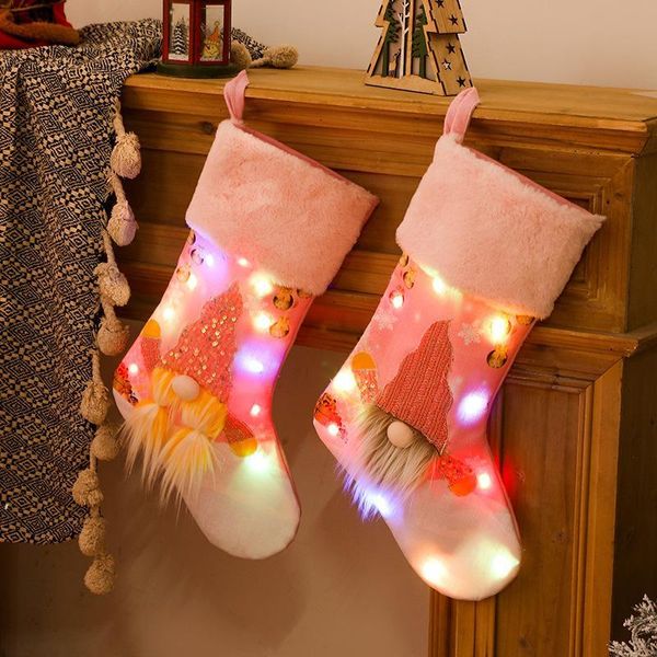 Рождественские украшения XMAX носки розовые с огнями светящиеся Рудольф чулок Детский праздник подарок сумка 47,5 * 29 см