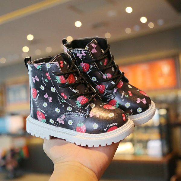 

boots winter toddler girl shoes for kids sneakers pink strawberry fruit princess snow black leather fotton wool warm, Black;grey